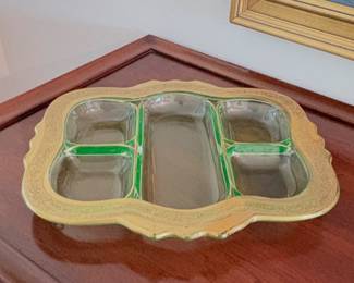 vintage Cambridge green uranium glass 5-part divided relish serving dish set in a gold-encrusted