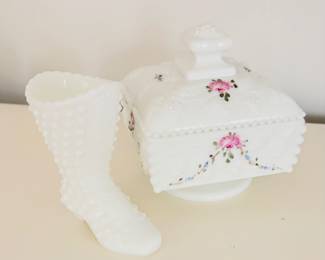 West Moreland Milk Glass Trinket dish and FentonHobnail White milk glass shoe 