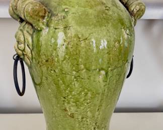 Vintage Heavy Unmarked Pottery Vase Lion Head & Metal Rings