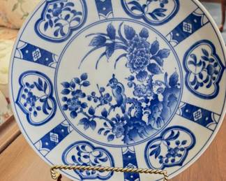 Andrea by Sadek blue and white porcelain plate-Japanese bird and floral design.