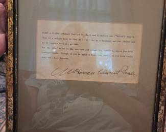 Note of Excellent on Novel written by Mitch and  her father. Typed by Norman Vincent Peale and signed.  Framed.  Included in the package is an authenticity letter and a copy of the book.
