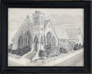 Art#017 ($65) Mitch Howell Coon/ Methodist Church Pencil Original Framed