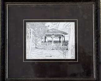 Art#026 ($125) Mitch Howell Coon/ Hartselle Gazebo Pen $ Ink Print Framed