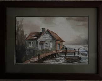 Art#223 ($125) Hubert Mitchel (1907-1991) - Lake Cabin /Watercolor Original Framed