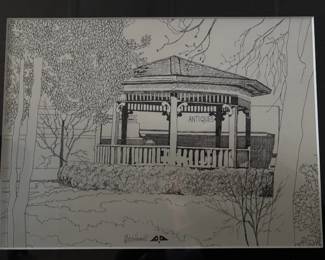 Art#025 ($125) Mitch Howell Coon/ Hartselle Gazebo Pen & Ink Original Framed