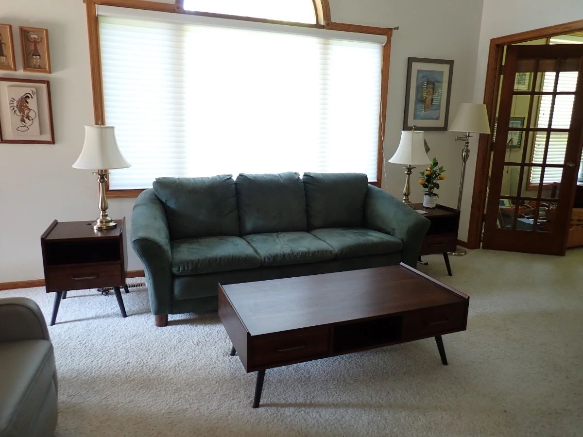 MCM COFFEE TABLE & 2 END TABLES - SUEDE SOFA - BRASS LAMPS