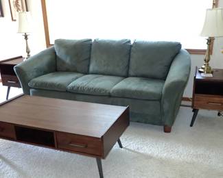 MCM COFFEE TABLE & 2 END TABLES - SUEDE SOFA - BRASS LAMPS