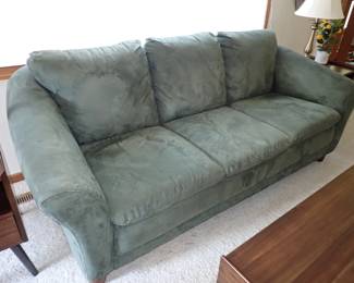 MCM COFFEE TABLE & 2 END TABLES - SUEDE SOFA - BRASS LAMPS