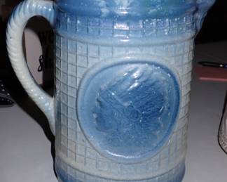 Blue & White Stoneware Indian Head Pitcher Nelson McCoy Pottery Ohio