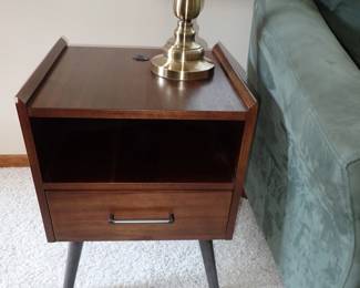 MCM COFFEE TABLE & 2 END TABLES - SUEDE SOFA - BRASS LAMPS