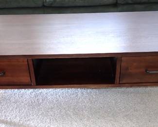 MCM COFFEE TABLE & 2 END TABLES - SUEDE SOFA - BRASS LAMPS