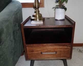 MCM COFFEE TABLE & 2 END TABLES - SUEDE SOFA - BRASS LAMPS
