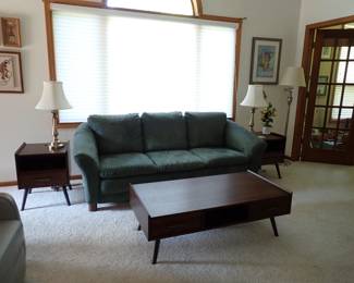 MCM COFFEE TABLE & 2 END TABLES - SUEDE SOFA - BRASS LAMPS