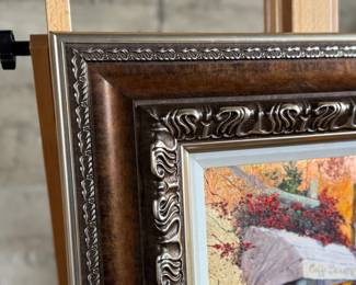 “Red Door Along the Way”, an original mixed media painting on canvas by listed artist, James Coleman. This piece measures in frame, 26” H x 21” W.