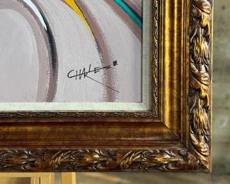 “Space & Motion”, an original acrylic painting by listed artist, Charles Lee. Comes with a certificate of authenticity and an appraisal from 2020 for $6,125. This piece measures in frame, 33” H x 45” W.