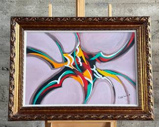 “Space & Motion”, an original acrylic painting by listed artist, Charles Lee. Comes with a certificate of authenticity and an appraisal from 2020 for $6,125. This piece measures in frame, 33” H x 45” W.