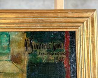 This lot features an original oil on board painting by listed artist, Yngvar Sonnichsen. Appears to be a self-portrait and is dated 1925. Measures in frame, 34” H x 28” W.