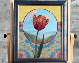 “Tulip”, an original oil on canvas painting by listed artist, Plamen Ovcharov. Signed on the verso and measures in frame, 21.5” H x 18.5” W.