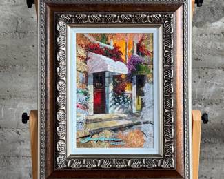 “Red Door Along the Way”, an original mixed media painting on canvas by listed artist, James Coleman. This piece measures in frame, 26” H x 21” W.