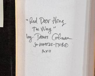 “Red Door Along the Way”, an original mixed media painting on canvas by listed artist, James Coleman. This piece measures in frame, 26” H x 21” W.