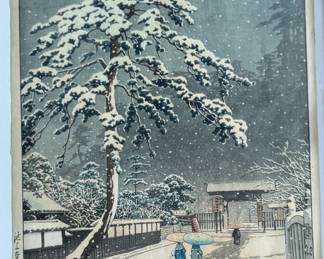 "Honmon Temple at Ikegami", an original Japanese woodblock print by listed artist, Kawase Hasui. This woodblock is hand-signed and measures (without frame), 15” H x 10.25” W. Kawase Hasui (1883–1957) was the foremost landscape artist of the shin-hanga ("new prints") movement. Renowned for his serene, atmospheric scenes of snow, rain, and moonlight, he designed approximately 620 woodblock prints over his 40-year career. In 1956, the Japanese government honored him as a Living National Treasure. $5,000 reserve.