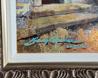 “Red Door Along the Way”, an original mixed media painting on canvas by listed artist, James Coleman. This piece measures in frame, 26” H x 21” W.