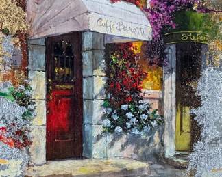 “Red Door Along the Way”, an original mixed media painting on canvas by listed artist, James Coleman. This piece measures in frame, 26” H x 21” W.