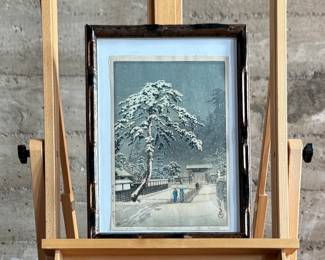"Honmon Temple at Ikegami", an original Japanese woodblock print by listed artist, Kawase Hasui. This woodblock is hand-signed and measures (without frame), 15” H x 10.25” W. Kawase Hasui (1883–1957) was the foremost landscape artist of the shin-hanga ("new prints") movement. Renowned for his serene, atmospheric scenes of snow, rain, and moonlight, he designed approximately 620 woodblock prints over his 40-year career. In 1956, the Japanese government honored him as a Living National Treasure. $5,000 reserve.