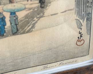 "Honmon Temple at Ikegami", an original Japanese woodblock print by listed artist, Kawase Hasui. This woodblock is hand-signed and measures (without frame), 15” H x 10.25” W. Kawase Hasui (1883–1957) was the foremost landscape artist of the shin-hanga ("new prints") movement. Renowned for his serene, atmospheric scenes of snow, rain, and moonlight, he designed approximately 620 woodblock prints over his 40-year career. In 1956, the Japanese government honored him as a Living National Treasure. $5,000 reserve.