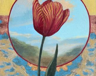 “Tulip”, an original oil on canvas painting by listed artist, Plamen Ovcharov. Signed on the verso and measures in frame, 21.5” H x 18.5” W.