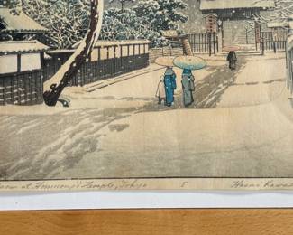 "Honmon Temple at Ikegami", an original Japanese woodblock print by listed artist, Kawase Hasui. This woodblock is hand-signed and measures (without frame), 15” H x 10.25” W. Kawase Hasui (1883–1957) was the foremost landscape artist of the shin-hanga ("new prints") movement. Renowned for his serene, atmospheric scenes of snow, rain, and moonlight, he designed approximately 620 woodblock prints over his 40-year career. In 1956, the Japanese government honored him as a Living National Treasure. $5,000 reserve.