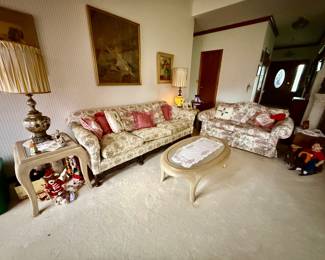 Vintage matching floral 3 cushion sofa and loveseat; French Provincial Coffee and End Table