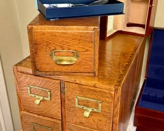 Oak medical catalog boxes (and a Spode set riding on top)