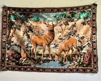 Vintage French Velvet Deer Hunting Tapestry 