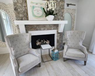 Pair of Modern Wing Back Chairs with Nail Head Trim