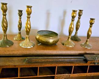 Set of (6) Brass Candleholder and Footed Bowl