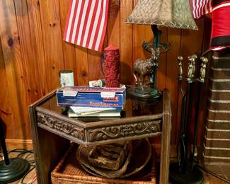 Vintage hexagon shaped corner end table with carved detail