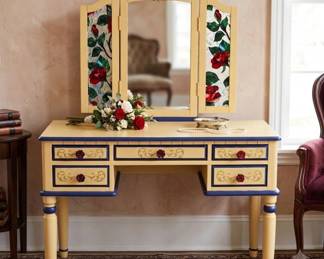 Lot #27 Hand Painted Vanity Makeup Desk w Tri-Fold Mirror 5 Drawers Floral Cottage Chic
