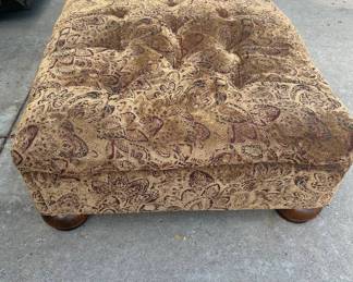 Lot #44 Large Tufted Ottoman Footstool Gold Burgundy Paisley Chenille Bun Feet
