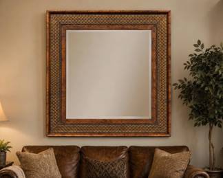 Lot #17 Large Decorative Wall Mirror Gold Faux Wood Frame Textured Accent 62x50 Rectangle
