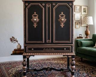 Lot #56 Vintage Jacobean Style Wood Cabinet Armoire Black Copper Paint 2-Door 1920s