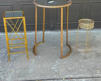 Lot #26 3 Gold Metal Plant Stands Side Tables Pedestals Glass Top Display Decor Set Lot