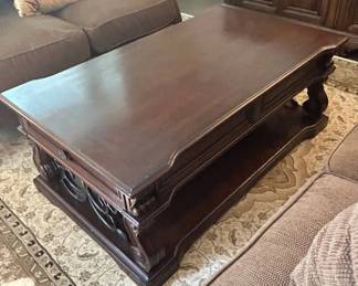 Lot #37 Dark Cherry Wood Coffee Table Drawer Lower Shelf Wrought Iron Scrollwork