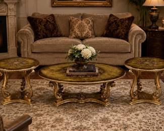 Lot #32 3 Pc Ornate Gold Finish Coffee Table & 2 End Tables Set Mediterranean Style