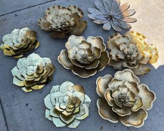 Lot #52 Metal Flower Wall Art Decor Gold Tone Boho Floral Sculpture Set of 9 Indoor Outdoor