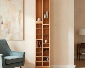 Lot #58 Tall Narrow Oak Laminate Media Tower Bookcase Shelf Unit 2-Column Storage