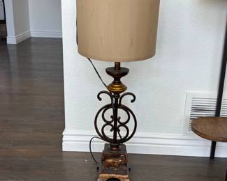 Lot #11 Vintage Elephant Table Lamp Bronze Tone Metal Scroll Base Fabric Shade