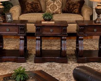 Lot #33 Set of 3 Traditional Dark Wood End Tables w/ Drawers Scroll Legs Nightstands 24”H
