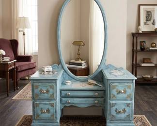 Lot #57 Vintage Wood Vanity Desk Oval Mirror 7 Drawers Chalk Paint Shabby Chic Floral