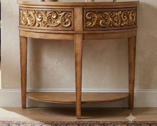 Lot #51 Vintage Demilune Console Table Oak Gold Gilt Acanthus Scroll 2-Drawer Lower Shelf